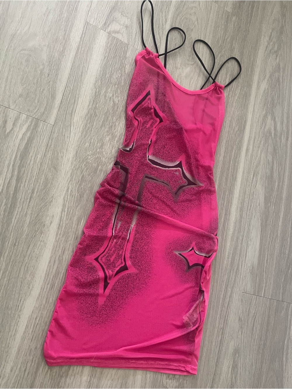 Hot Pink Cross-Print Slip Dress with Thin Black Straps - Picture 2 of 4